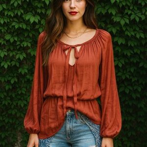 BY TOGETHER Rust Colored Poet's Long Sleeve Blouse, S